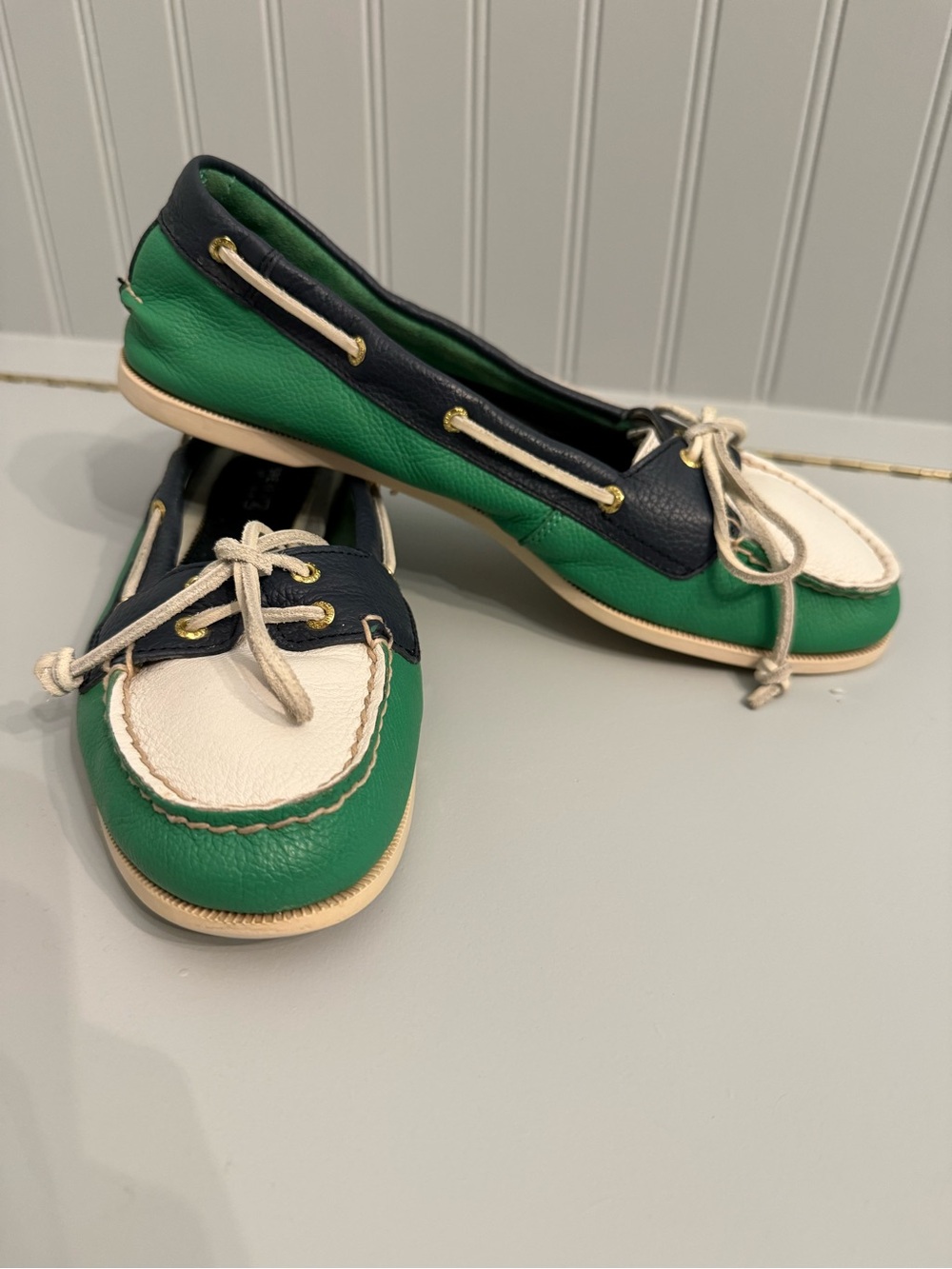 Sperry Green Navy White Leather Boat Loafers